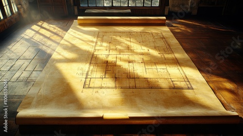 Close-up of a rolled-out blueprint on a large table, illuminated by warm sunlight from a window, with soft backlight enhancing the fine architectural lines and intricate floor plan details. Shadows