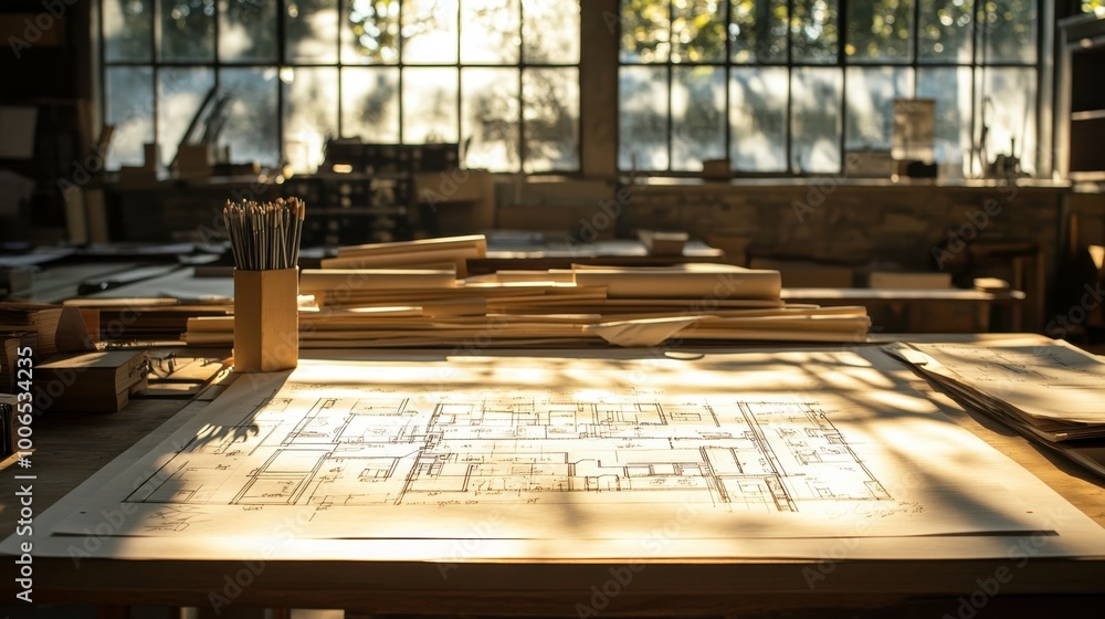 Obraz premium Detailed floor plans spread out on a drafting table with a natural backlight from a nearby window, highlighting the precision of the hand-drawn lines and design notes. The high-definition photo