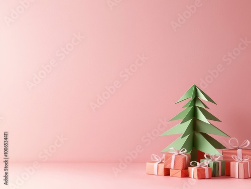 Minimalist Paper Sculpture Art of a Christmas Tree with Gifts photo