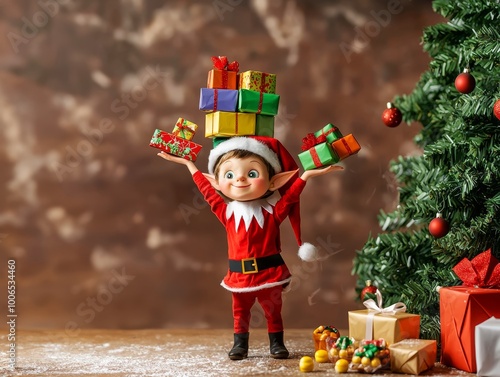 Playful Christmas Elf Balancing Colorful Gift Blocks Under Decorated Tree