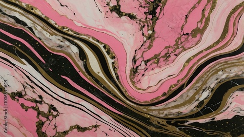 glittery pink and olive green abstract pattern on a marbled background, highlighted by black lines 