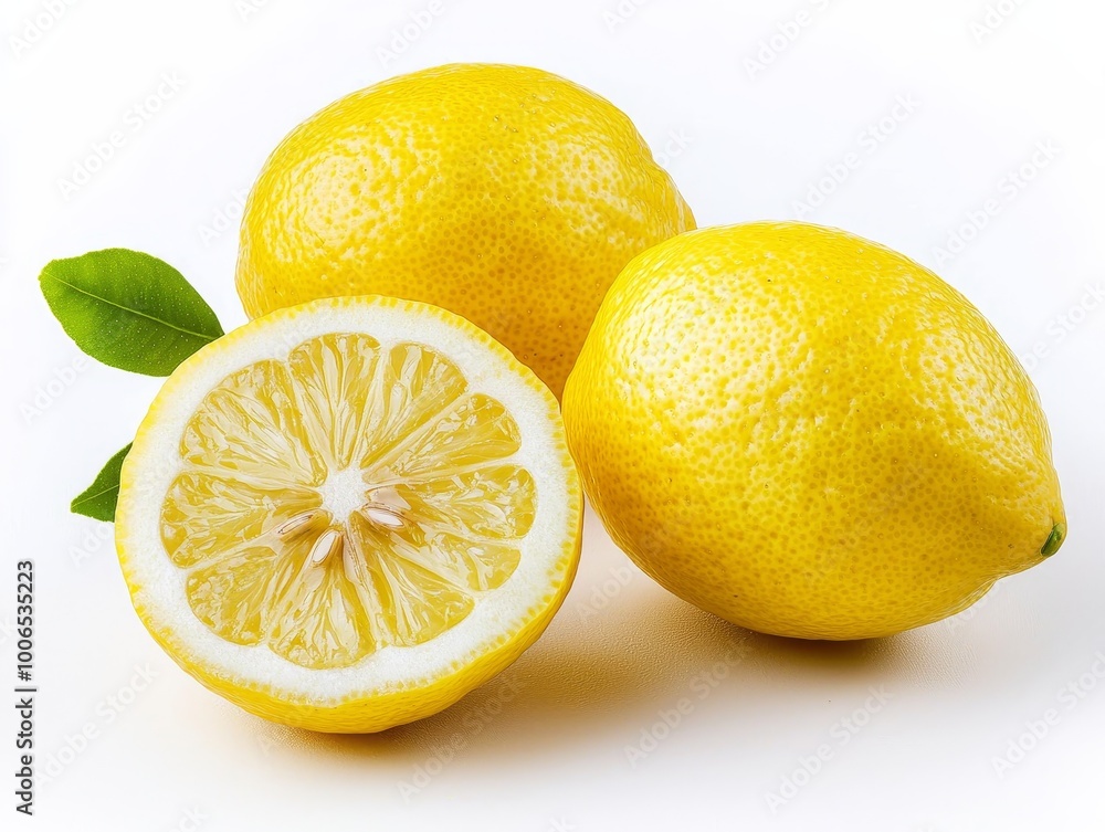 Ripe Lemon Sliced in Half on a White Background with Green Leaves Ripe Lemon Sliced in Half on a White Background with Green Leaves