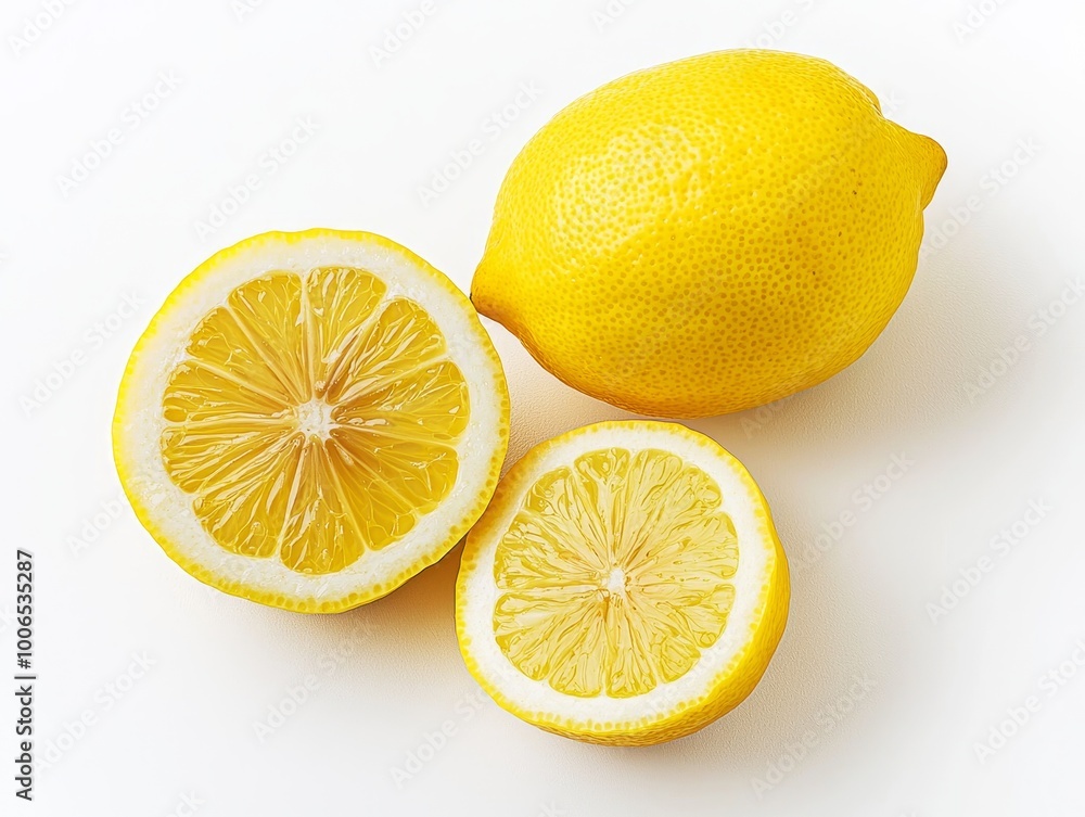 Ripe Lemon Sliced in Half Revealing Its Juicy Vibrant Yellow Flesh and Seeds on a Clean White Background Ripe Lemon Sliced in Half Revealing Its Juicy Vibrant Yellow Flesh and Seeds on a Clean White Background