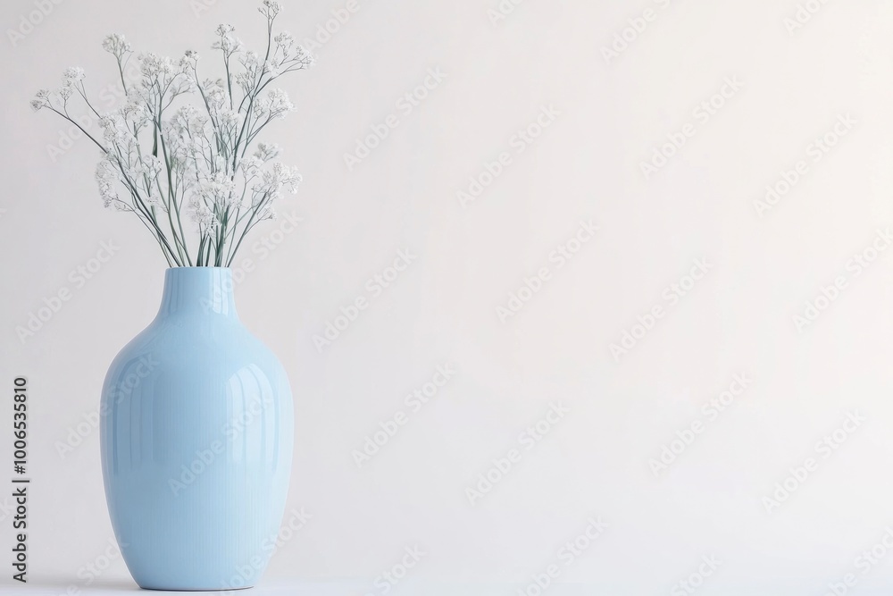 Photo of a blue ceramic vase with light gray flowers on a white background Photo of a blue ceramic vase with light gray flowers on a white background