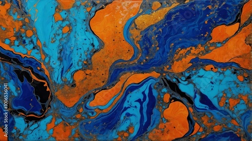 glittery blue and orange abstract pattern on a marbled background, highlighted by black lines 