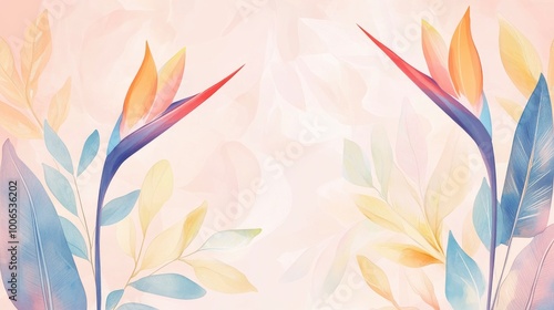 Light pink background, orange and blue leaves, hand-drawn style, delicate lines, watercolor effects.