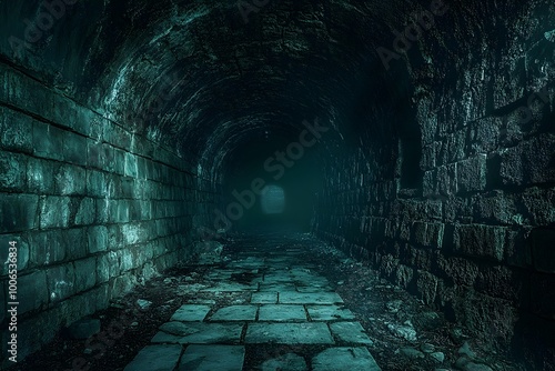 Fototapeta Naklejka Na Ścianę i Meble -  Moody and atmospheric image of a dimly lit underground passage or tunnel in an ancient mysterious crypt or dungeon with detailed stone or brick walls a patterned floor