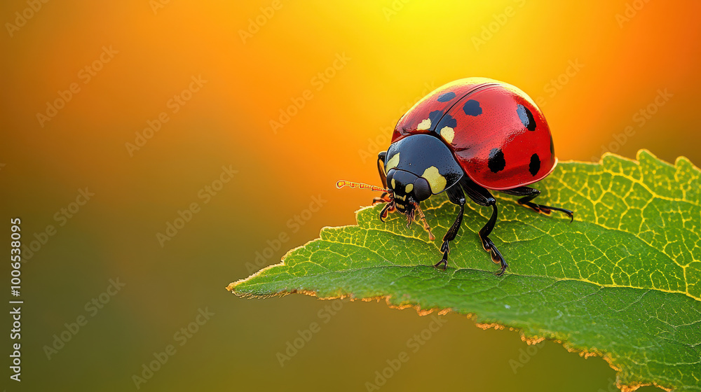 Fototapeta premium A colorful ladybug perched on a leaf against a stunning sunset background. This serene image captures the beauty of nature and insect life. Perfect for nature-themed projects