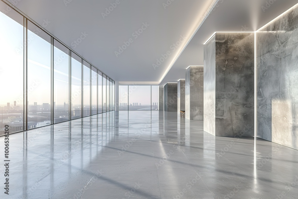 A large, empty room with a view of the city A large, empty room with a view of the city