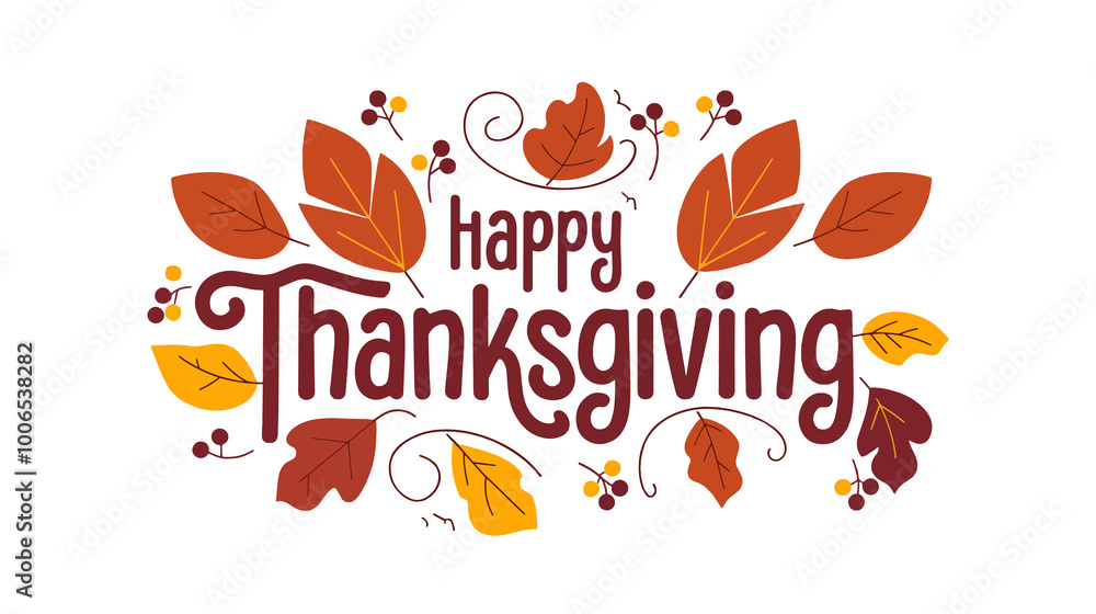 Fototapeta premium Festive Thanksgiving Illustration 'Happy Thanksgiving Day' Text on Burgundy Background, banner, poster, cover