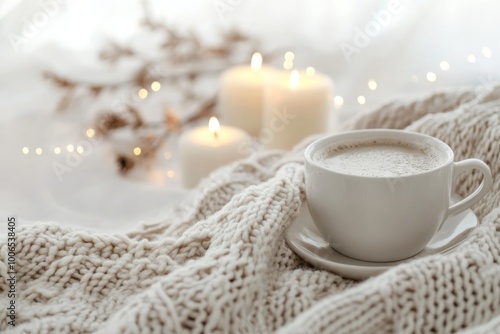 Cozy Coffee Setting. Soft Candles and Warm Knit Blanket for Comfort. Winter still life. White ceramic cup, candlelight. Hot beverage on window sill. Christmas home. Woolen knitted sweater, burn candle