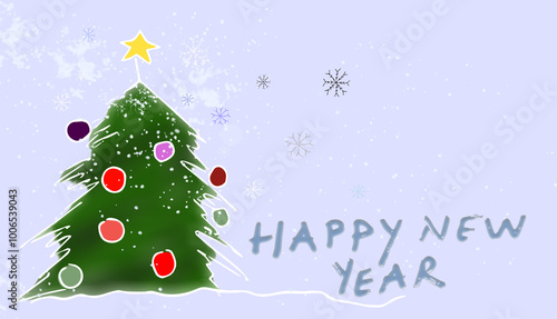 happy new year lettering and christmas tree on blue background. new year concept. Snowflakes and tree decorations
