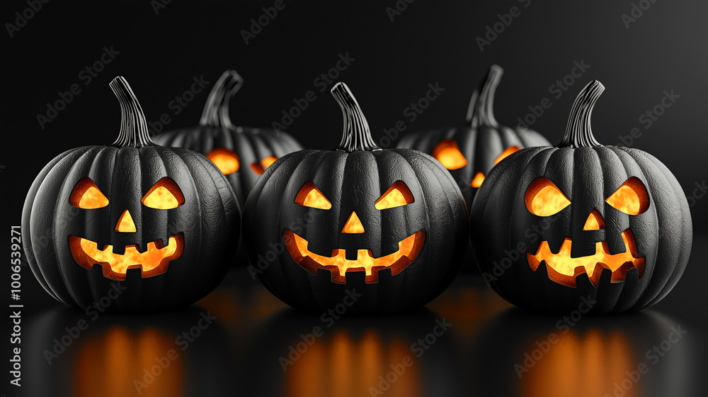 Vicious Evil Haunted Black Halloween Pumpkins, Funny 3D Cartoon. Darkness, Mystery, Angry Carved Jack-o-Lantern Faces, Spooky, Scary. Minimal Trendy Seasonal Art Background Vicious Evil Haunted Black Halloween Pumpkins, Funny 3D Cartoon. Darkness, Mystery, Angry Carved Jack-o-Lantern Faces, Spooky, Scary. Minimal Trendy Seasonal Art Background