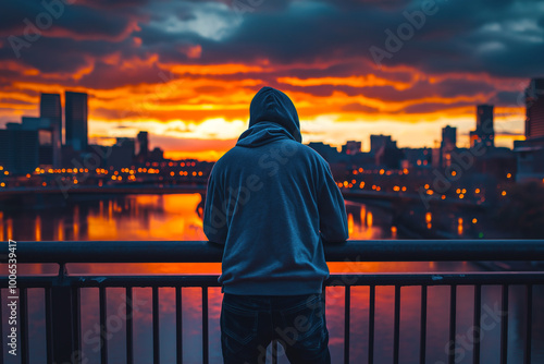 Man in an oversized hoodie and jeans leaning on a bridge railing, looking out over the river and city at sunset. photo