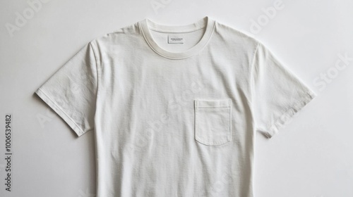 A sleek men t-shirt featuring a pocket detail, isolated on a bright white backdrop, showcasing contemporary design elements