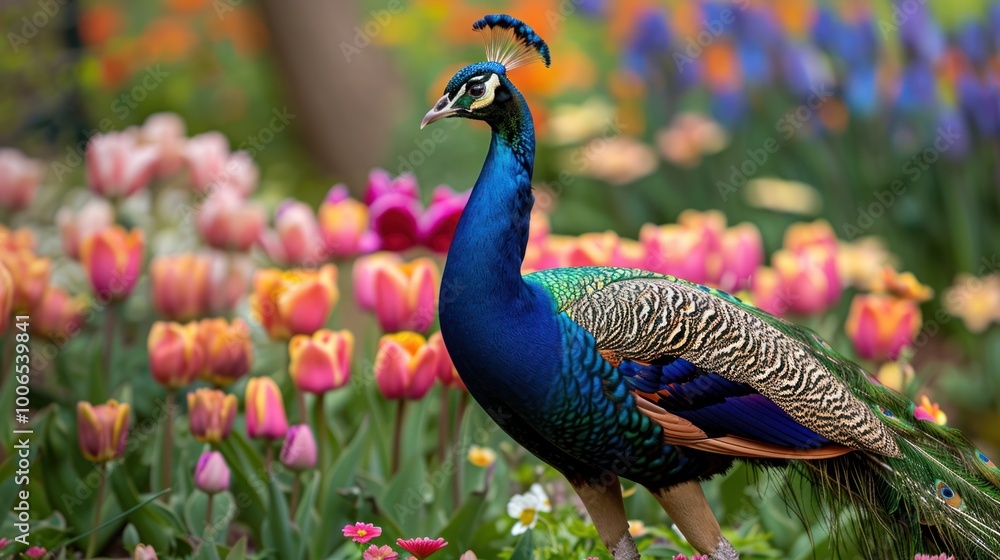 Peacock in a Garden of Tulips Peacock in a Garden of Tulips