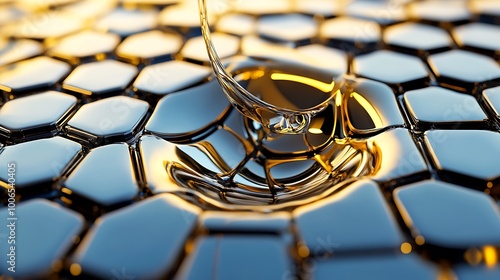 Abstract Golden Liquid Dropping on Metallic Hexagonal Surface photo