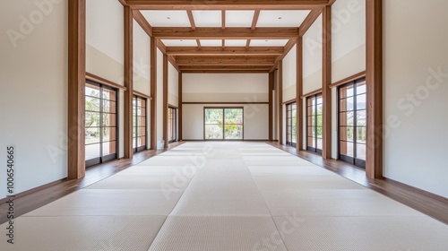 Spacious modern interior with wooden beams and tatami flooring, minimalistic design.