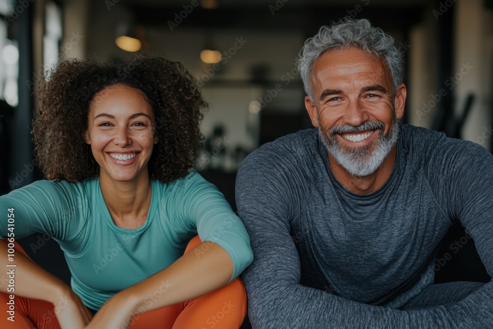 A cheerful senior couple, displaying fit physiques and bright smiles, sitting side by side in a fitness center setting, exuding positivity and strong bond. A cheerful senior couple, displaying fit physiques and bright smiles, sitting side by side in a fitness center setting, exuding positivity and strong bond.