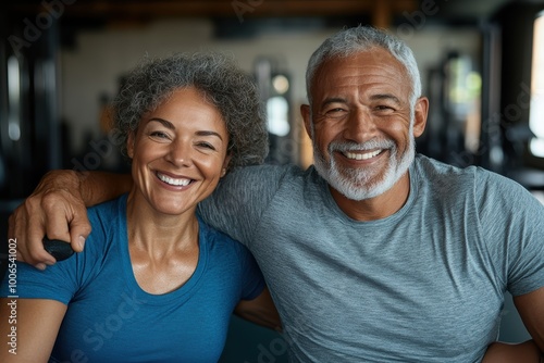 An elderly couple with gray hair, smiling warmly as they sit closely together in a gym, both wearing casual fitness attire and radiating happiness and vitality.