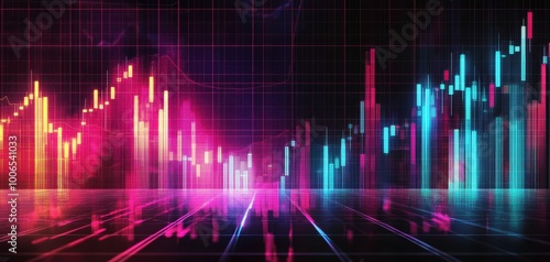 A vibrant digital visualization of market data, featuring colorful financial graphs and dynamic movements against a dark background.