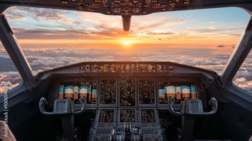 Cockpit view with sunset over clouds, showcasing modern aviation instruments.
