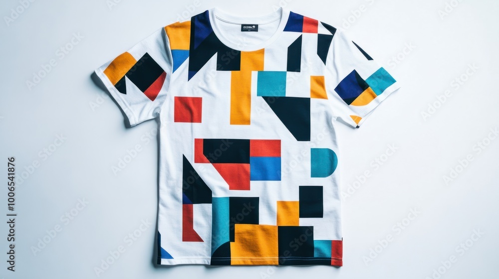 Obraz premium A stylish men t-shirt with a unique geometric pattern, laid flat on a white background, ideal for modern design aesthetics