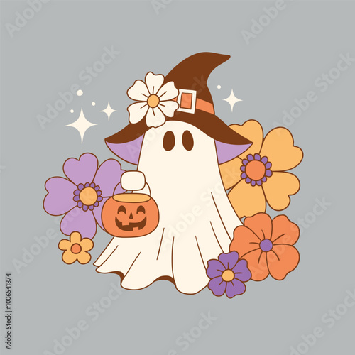 Hand drawn vector Halloween ghost with flowers. Cute retro Halloween character. EPS 10 vector file. Perfect for tee shirt logo, greeting card, poster or nursery print design.