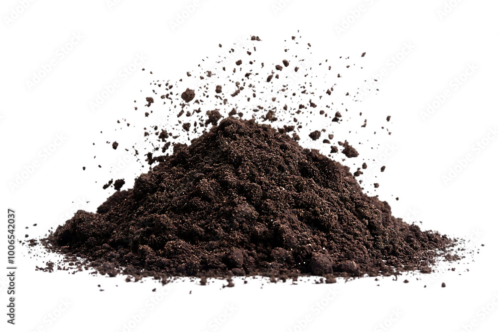 Realistic Image of Dark Brown Soil Exploding On Black Background Realistic Image of Dark Brown Soil Exploding On Black Background