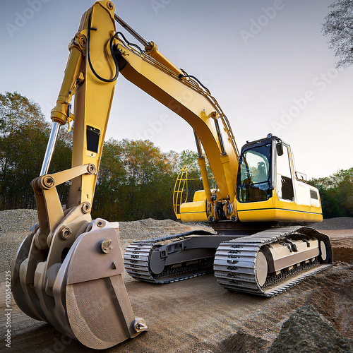 A powerful excavator stands ready in a dirt field under a clear sky