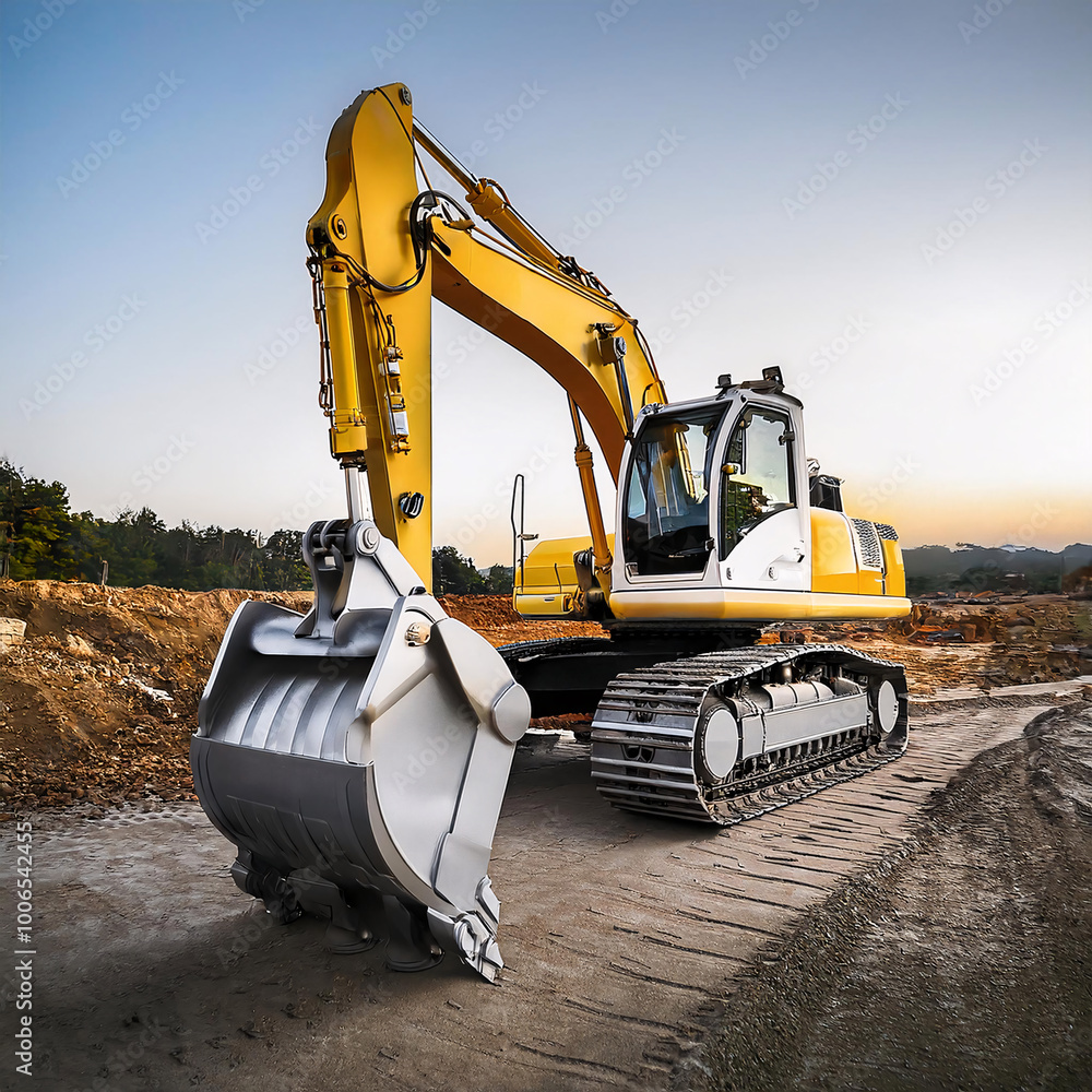 A powerful excavator stands ready in a dirt field under a clear sky A powerful excavator stands ready in a dirt field under a clear sky