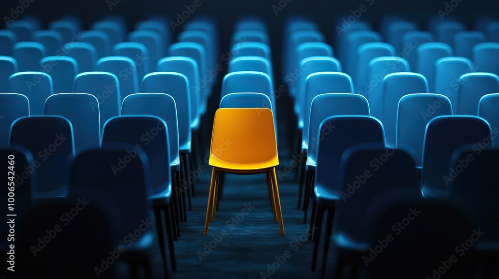 Fototapeta premium A dark yellow chair highlighted in a crowd, symbolizing uniqueness and creativity in a business context..
