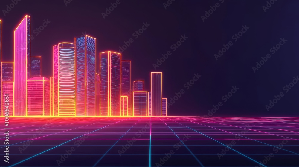 Futuristic city skyline with neon lights and grid background. Futuristic city skyline with neon lights and grid background.
