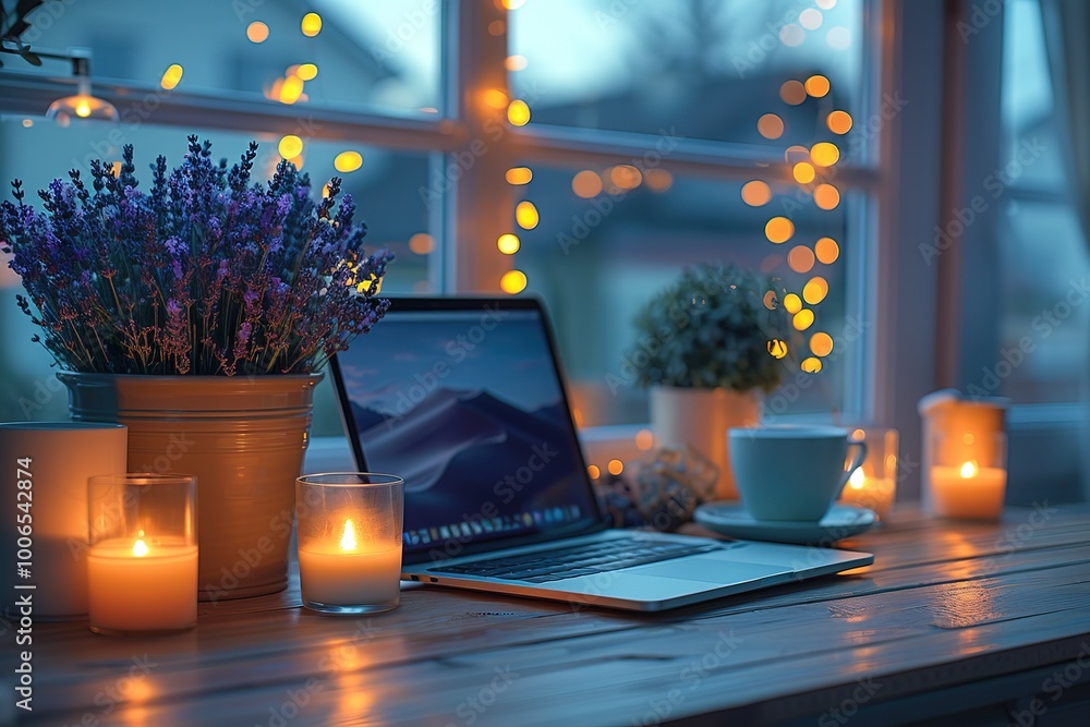 A laptop is on a table with a vase of lavender flowers and candles A laptop is on a table with a vase of lavender flowers and candles