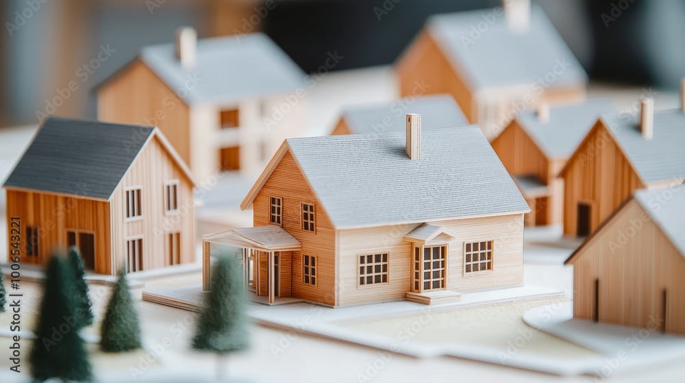 Model houses arranged on a table, showcasing architectural design details. Model houses arranged on a table, showcasing architectural design details.
