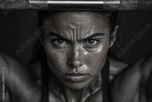 A female athlete in a gym setting shows determination and strength under dramatic lighting, highlighting the intensity and dedication to physical fitness and training.