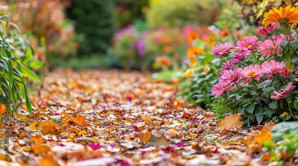 Vibrant Garden Pathway with Colorful Flowers and Leaves Vibrant Garden Pathway with Colorful Flowers and Leaves