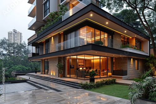 A large house with a glass front and a balcony