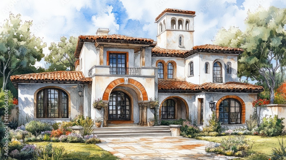A beautiful Mediterranean-style house with lush landscaping. A beautiful Mediterranean-style house with lush landscaping.