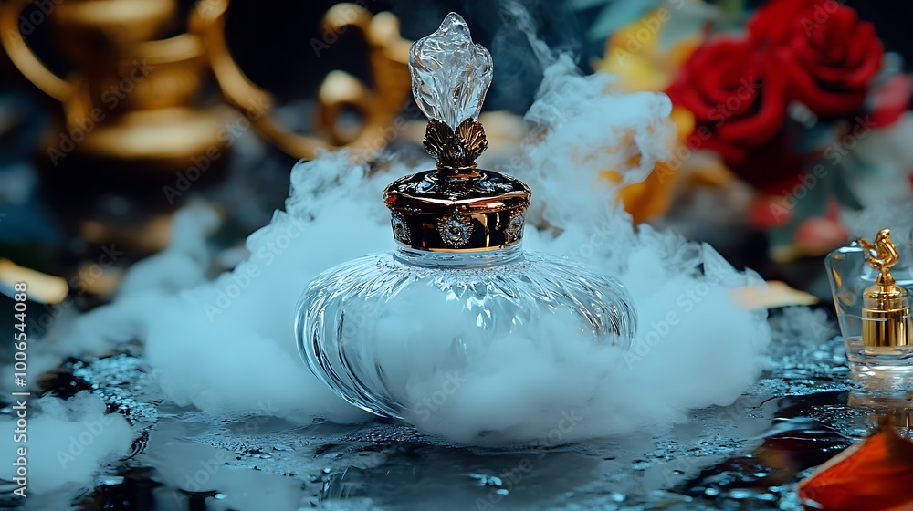 Elegant Perfume Bottle with Smoke and Rose Background