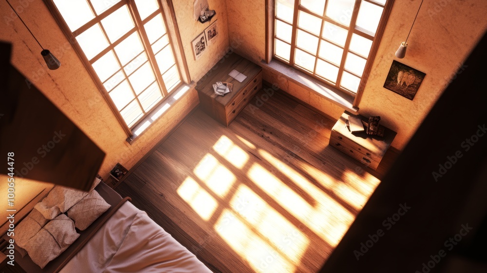 Obraz premium Sunlight streams through windows in a cozy bedroom with wooden floors and furniture.