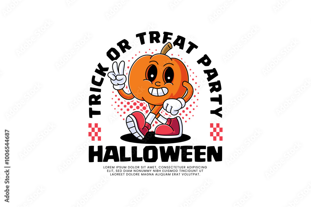 funny pumpkin, calabash, cucurbit retro cartoon character mascot illustration with walking pose and hand peace sign for halloween party event mascot and merchandise funny pumpkin, calabash, cucurbit retro cartoon character mascot illustration with walking pose and hand peace sign for halloween party event mascot and merchandise