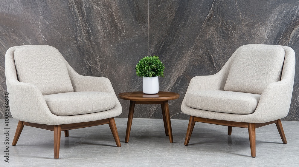 Fototapeta premium A cozy living area showcases two gray armchairs and a round wooden coffee table, surrounded by a minimalist aesthetic that emphasizes comfort and simplicity