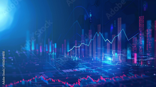 Abstract illustration of glowing neon bright blue and purple futuristic business stock market graph grow going up. Finance growth technology datum chart concept. Investment presentation tech