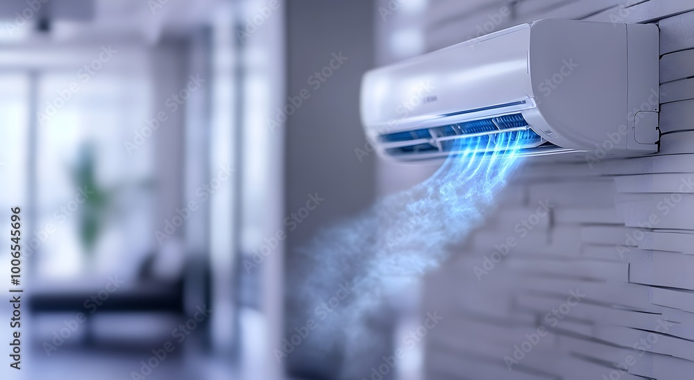 A air conditioner is blowing out blue waves of fresh, cool breeze in the living room, creating an atmosphere full of freshness and comfort. A air conditioner is blowing out blue waves of fresh, cool breeze in the living room, creating an atmosphere full of freshness and comfort.