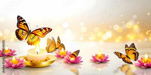 Flat Loy Krathong with Glowing Butterflies on a Glossy River - Festive Celebration Concept in Simple Vector Design with Copy Space for Messages