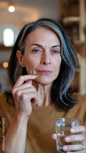 Closeup portrait of a Woman with salt and pepper hair taking a supplement capsule while sitting at a wooden table in a cozy, well-lit home environment