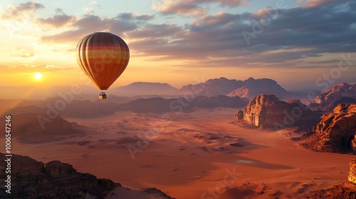 A hot air balloon floating over a desert landscape during sunrise photo