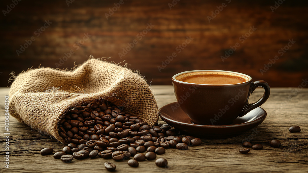 Coffee cup and beans on a rustic background. Coffee cup and beans on a rustic background.