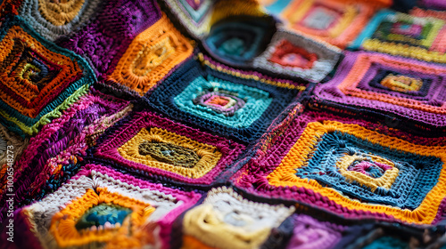 Colorful Mosaic Crochet Blanket with Geometric Designs